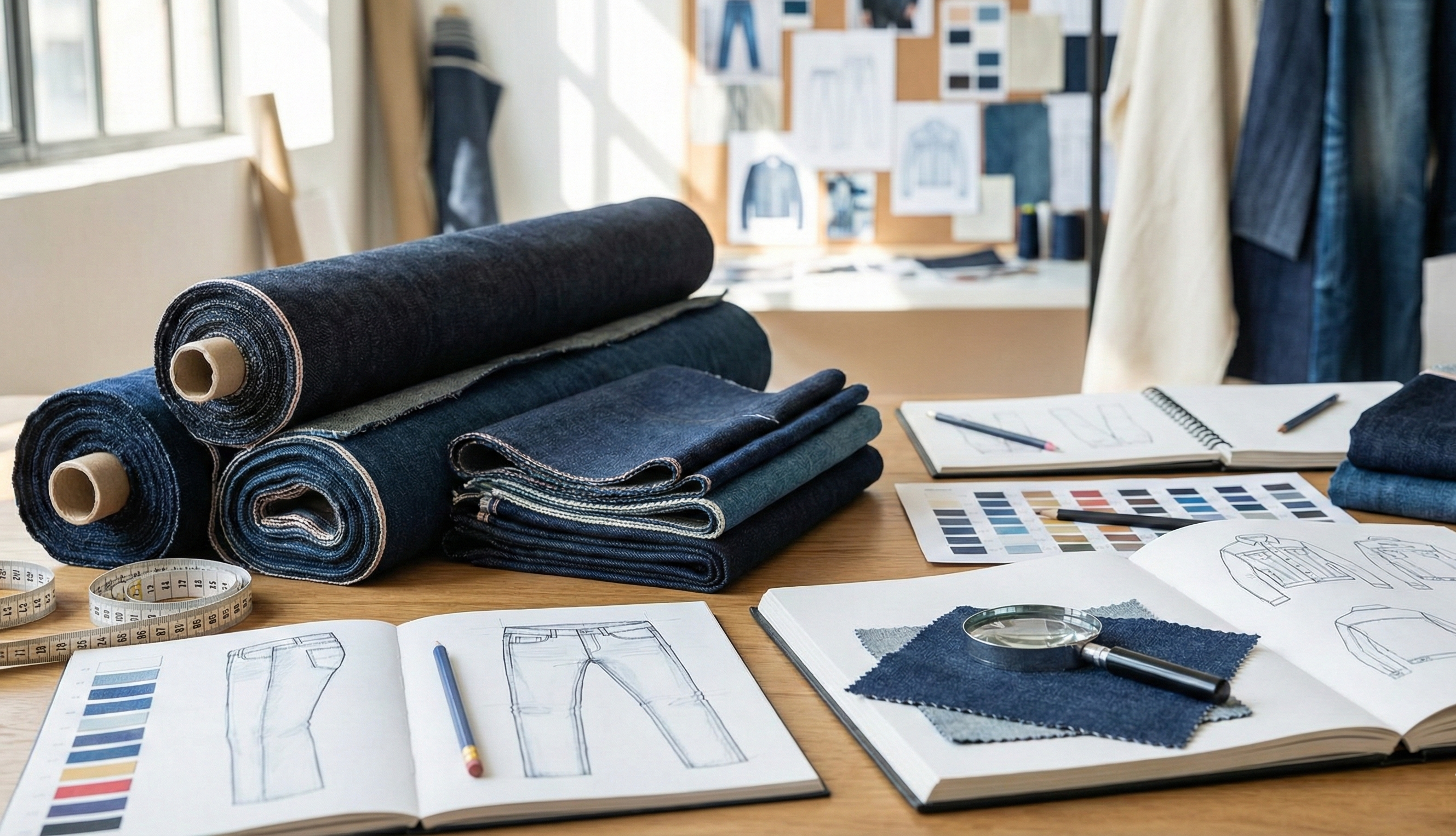 Denim tasarım masası üzerinde teknik çizimler, farklı yıkama tonlarında kumaş ruloları ve renk kartelaları.