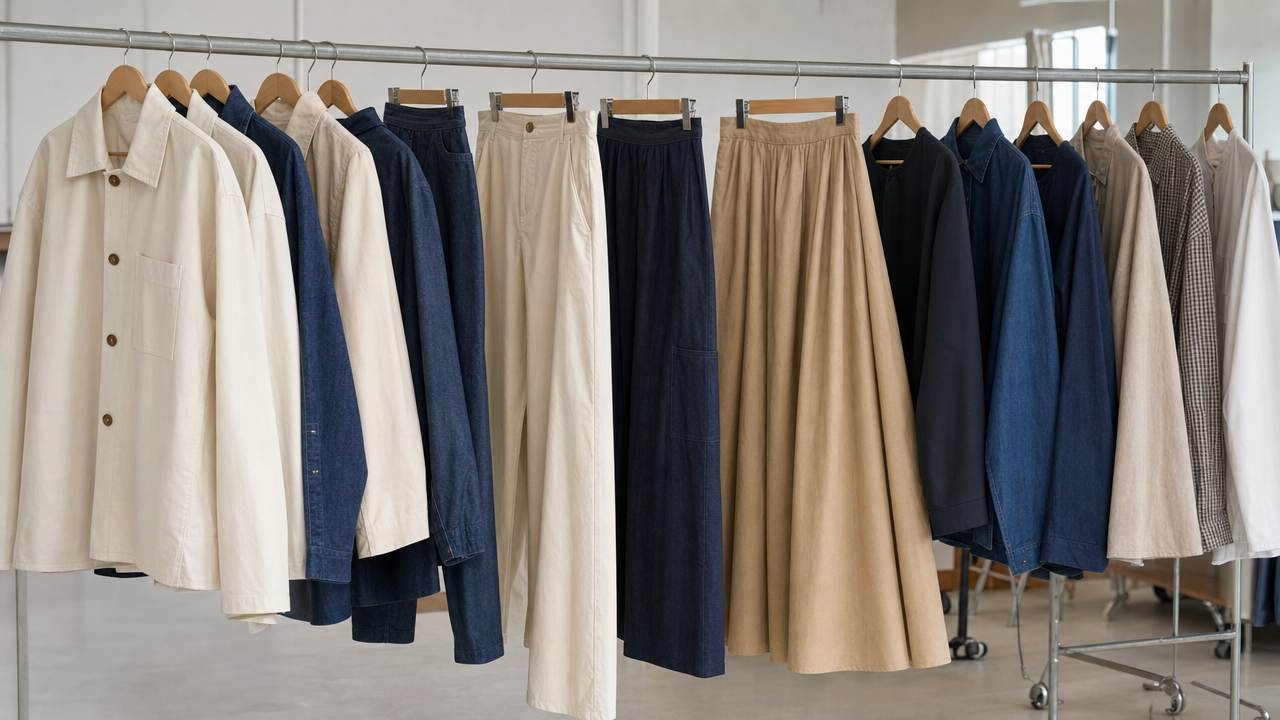 Ready-to-wear garments on a factory rail in Turkey — woven and denim mix