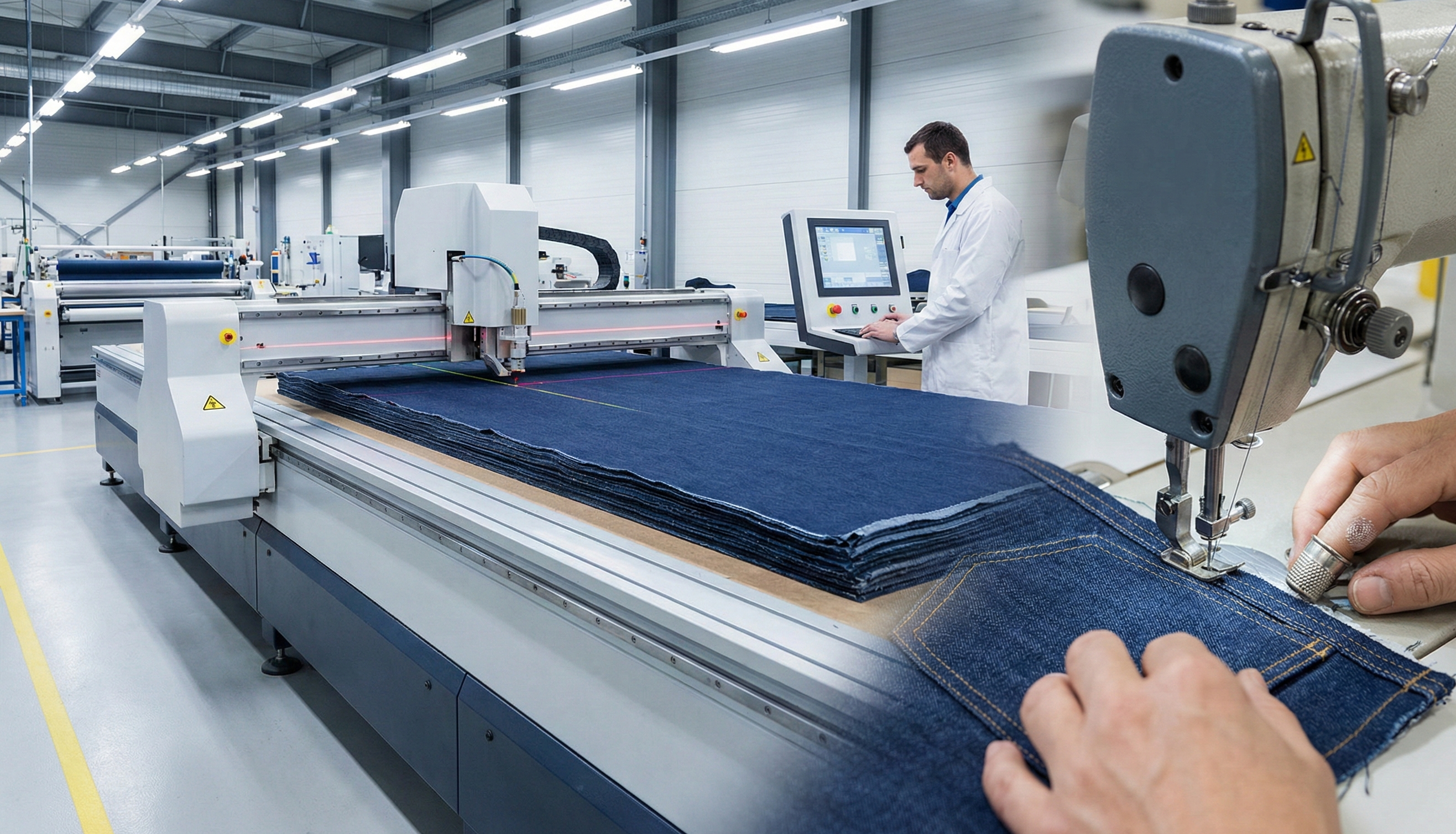 Konfeksiyon atölyesinde otomatik kesim makinesi ve dikiş diken bir işçinin elleri.