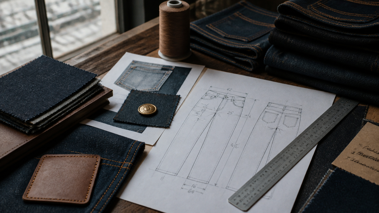 Turkey denim atelier desk: sketch, size chart and indigo swatches