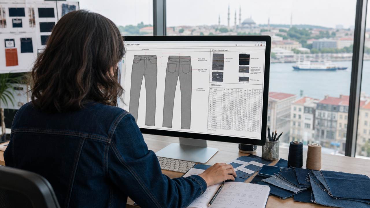 Denim designer at a computer writing a jean tech pack in Turkey