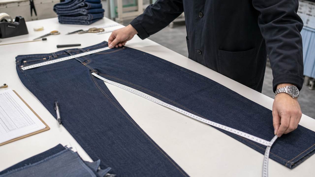 Measuring a denim sample for the size chart in Turkey