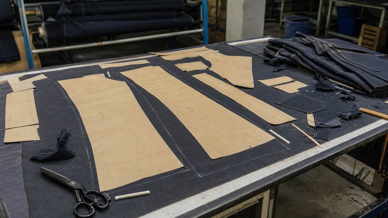 Paper jean pattern pieces on the cutting table, denim factory in Turkey