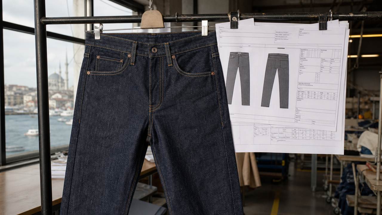 Approved denim sample next to the tech pack, Turkey