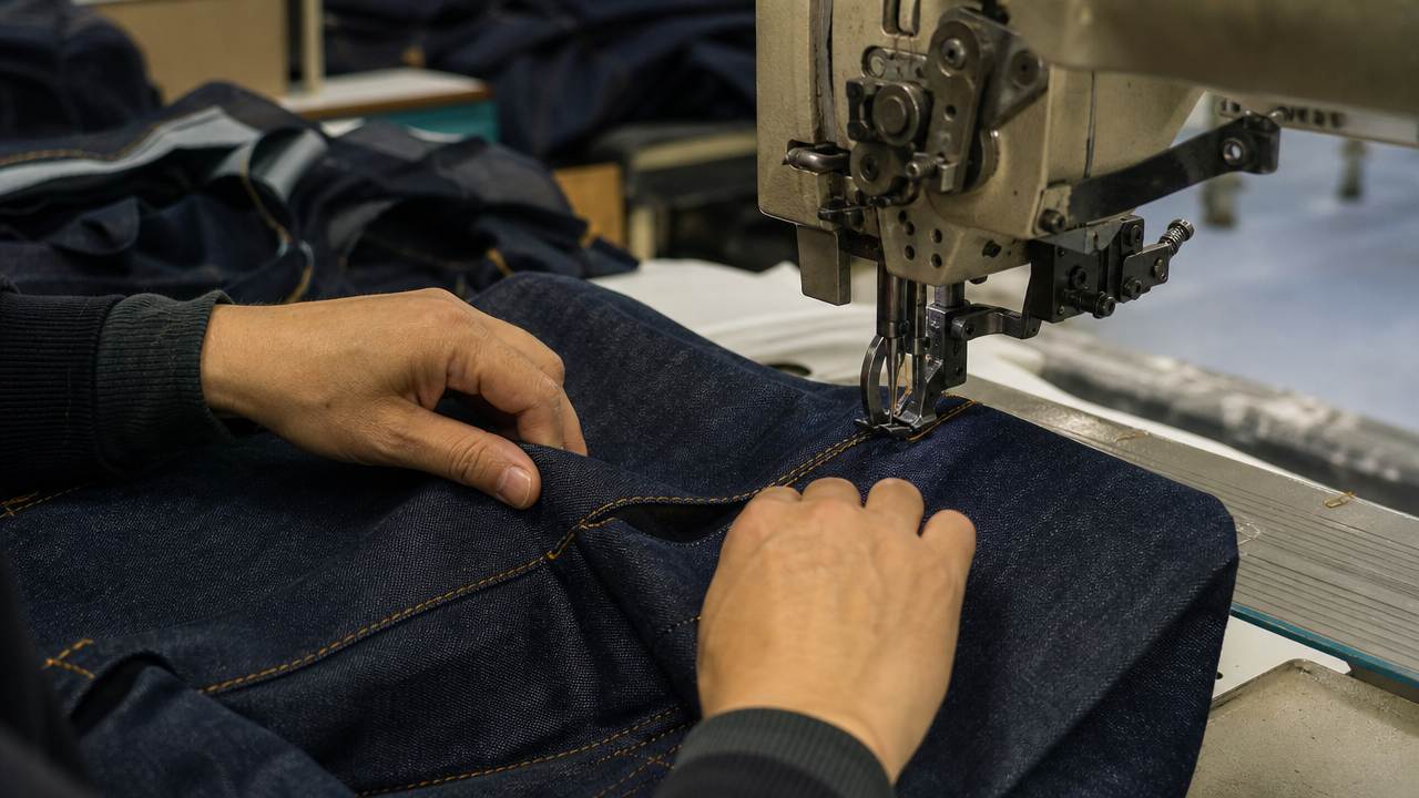 Sewing the first jean sample on the line in Turkey