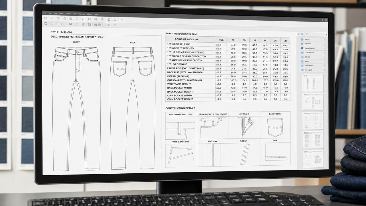 CAD monitor: jean flat, POM chart and stitch notes, Turkey